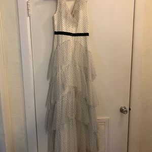 Tiered white with black polka dot chiffon dress.